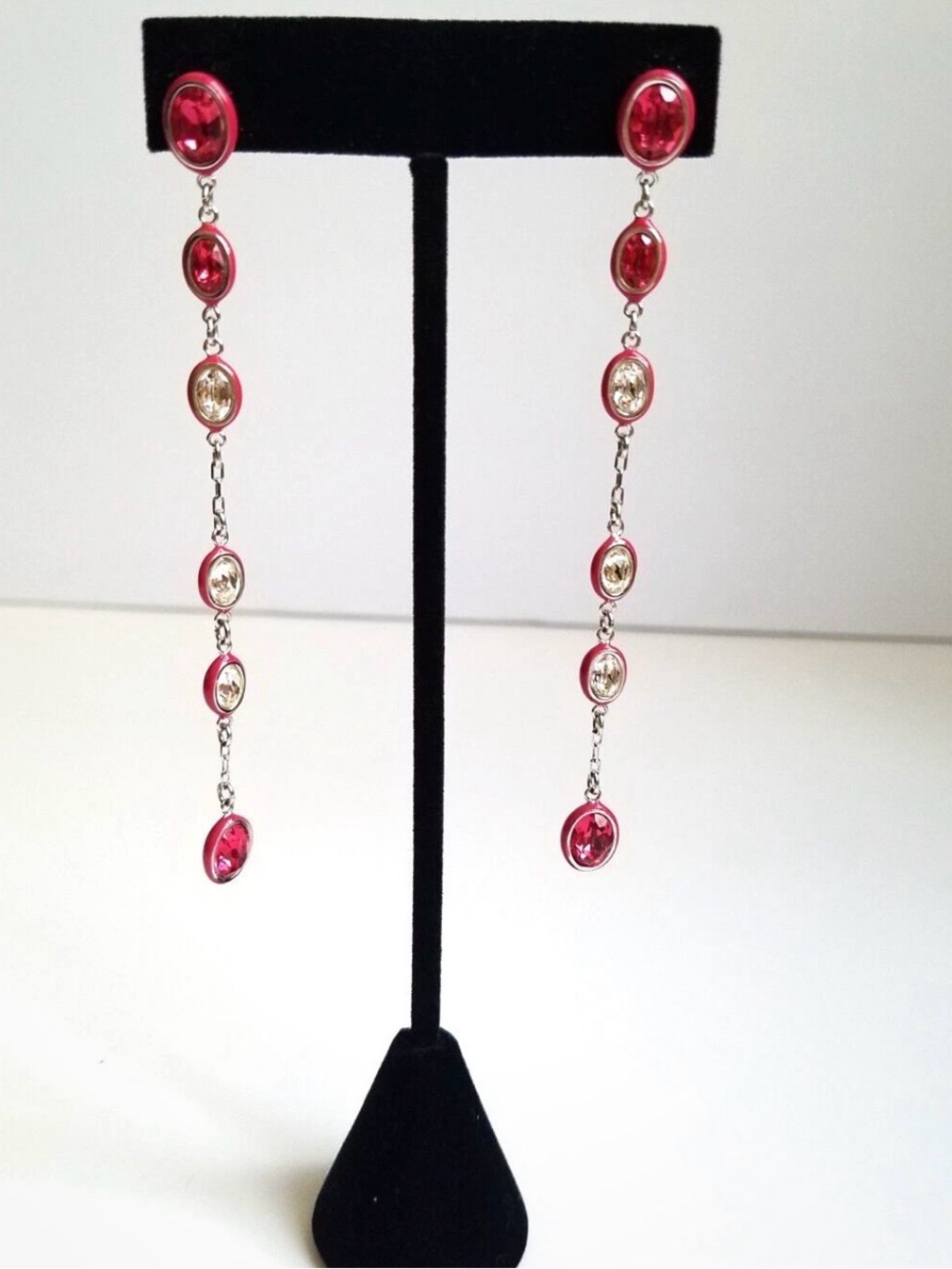 Swarovski Silver-Tone Long Drop Earrings with Pink and Clear Stones